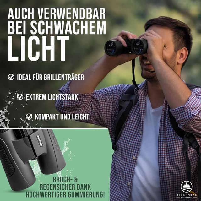 Detalle 2 de Birkental Fernglas 12x42 für Erwachsene inkl. Zubehör – wasserdicht, kompakt und für Jagd, Vögel, Astronomie