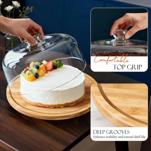 Thumbnail 6 de Masthome Wooden Cake Stand with Lid (12-inch) with Rotating Base and Clear Acrylic Dome Cover