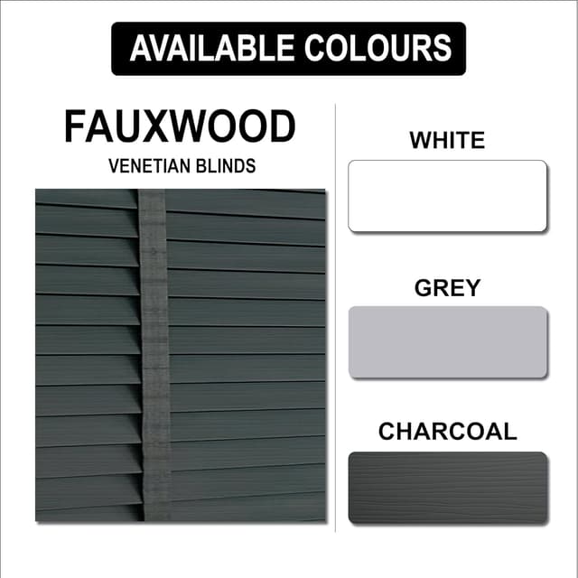 Detalle 1 de funky gadgets Faux Wood Grain Venetian Blinds (Dark Grey Embossed, 50mm slats) – 90cm x 150cm