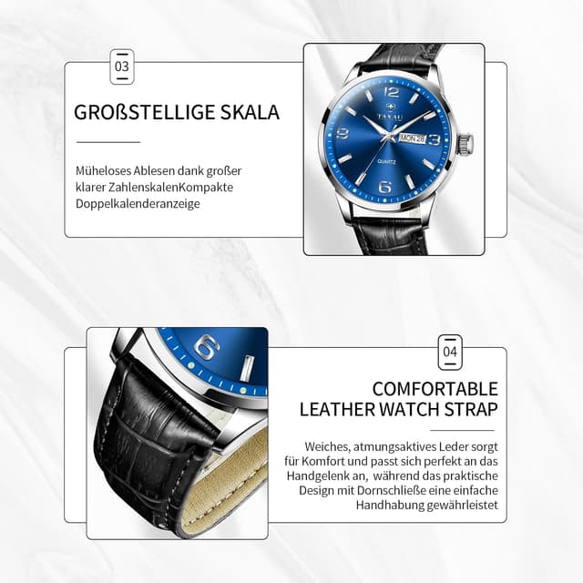 Detalle de Taxau wasserdichte Herren-Gentleman-Uhr mit Datums- und Tagesanzeige, arabischen Ziffern