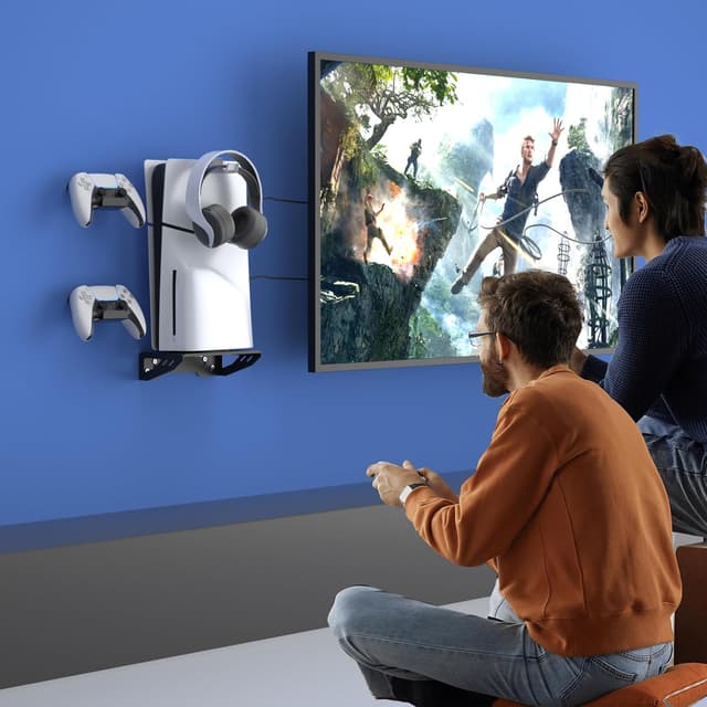 Detalle de HEATFUN Wall Mount Kit for PS5 Slim 2023 (Disc & Digital) – Black wall bracket with 2 controller holders and headset hook