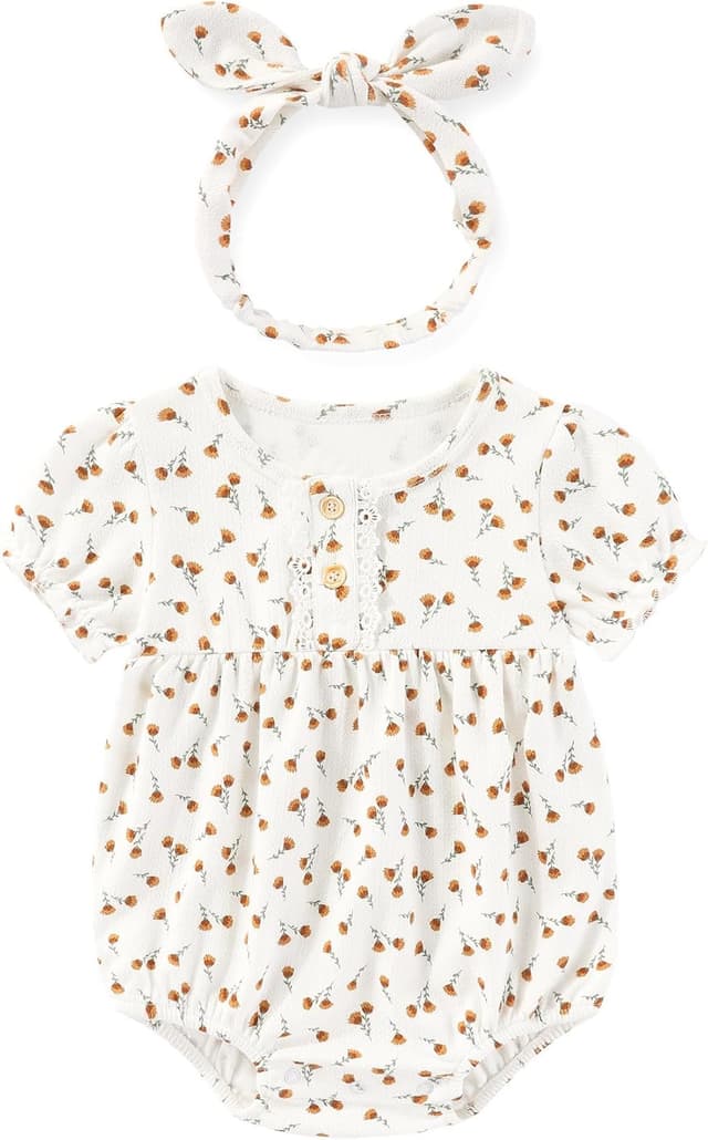 Detalle de MAMIMAKA 3-Pack Cotton Bubble Romper Short Sleeve Bodysuit Set for Newborn Baby Girls