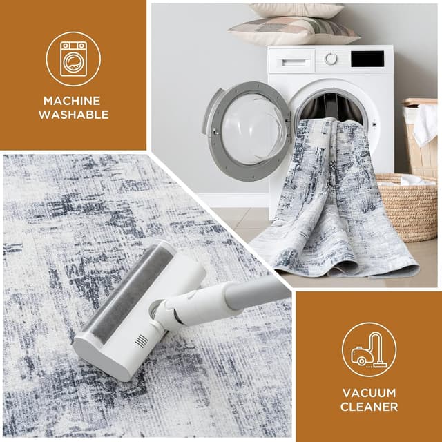 Detalle de Vamcheer Kurzflor Teppich fürs Wohnzimmer & Schlafzimmer, waschbar, Beige/Grau, 240x300 cm – Anti-Rutsch