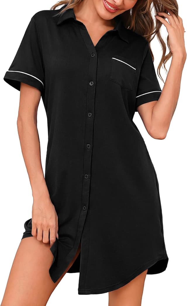 Detalle de Bresdk chemise de nuit femme manches courtes boutonnée en jersey léger à col en V
