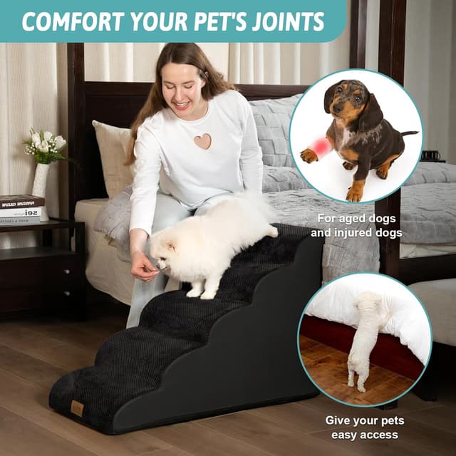 Detalle de COZY KISS Hundetreppe für kleine Hunde mit 5 Stufen, waschbarem Bezug und rutschfestem Boden (Schwarz)