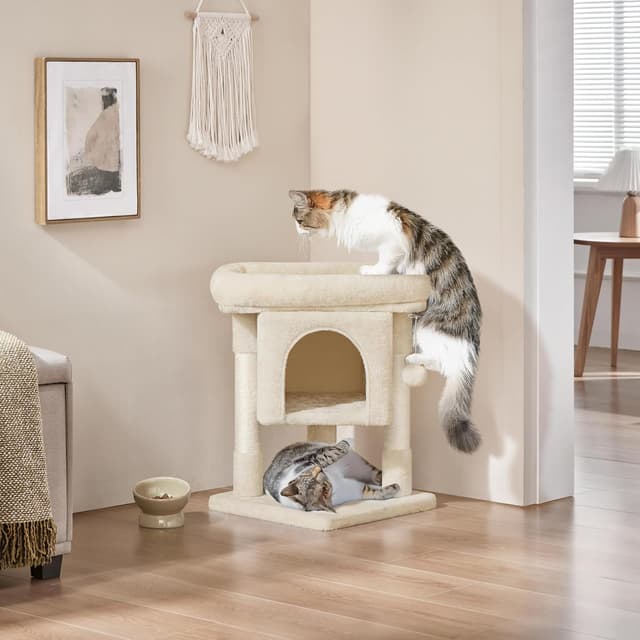 Detalle de Yaheetech Arbre à chat design avec niche et plate-forme, tour griffoir 59 cm – beige