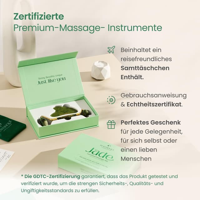 Detalle de PLANTIFIQUE Jade Gesichtsroller & Gua Sha Set aus Naturjade für Massage, Lymphdrainage und Augen