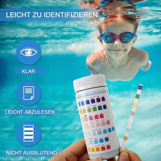 Detalle de Joyzakzak 7-in-1 Pool-Teststreifen: pH & Chlor/Cyanursäure für Pool und Whirlpool (100 Stäbchen)