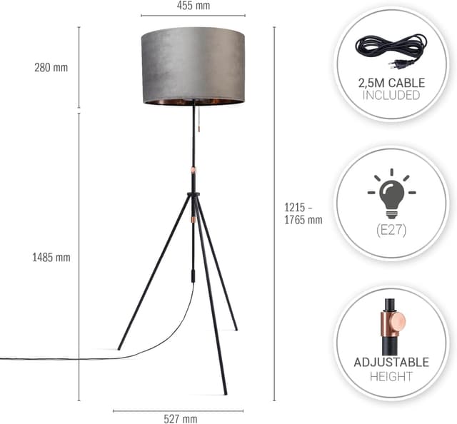 Detalle de Paco Home lampadaire de salon réglable (121,5 à 176,5 cm) avec abat-jour en velours et câble textile 2,5 m, E27