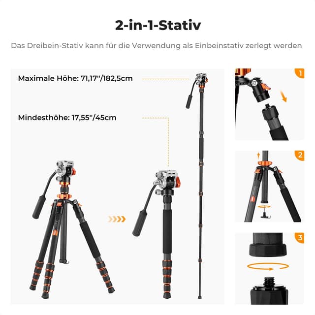 Detalle de K&F CONCEPT 173 cm Carbon Videostativ mit Fluidkopf – 1,1 kg ohne Kopf, 5 kg Traglast (O255C4+FH-03)