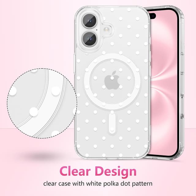 Detalle 2 de ZTOFERA Magnetic Clear Polka Dot Case for iPhone 17 (MagSafe Wireless Charging, Slim Soft Protection) — White Dot