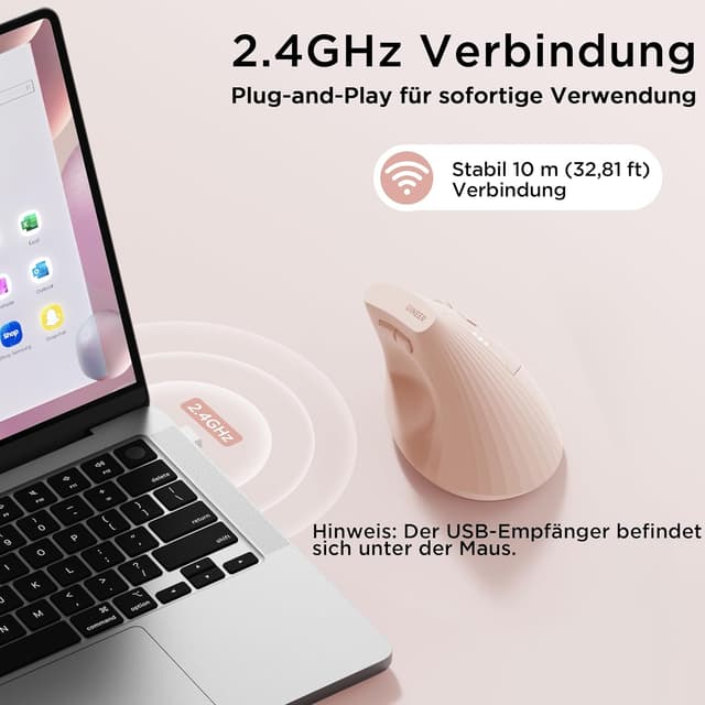 Thumbnail 6 de Uineer kabellose vertikale Multi-Device Maus (Tri-Mode) mit 2.4G/BT 4.0/5.0, 4 DPI-Stufen und 6 Tasten – Rosa