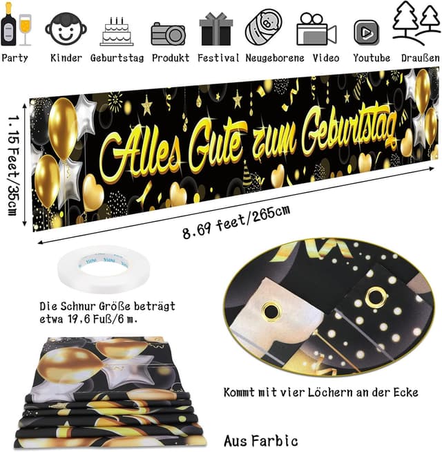 Thumbnail 2 de DPKOW Geburtstags Banner Schwarz Gold 265×35cm