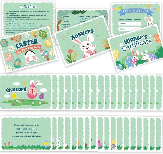 Detalle de AhfuLife 27pc Easter Egg Hunt Clue Cards Game Kit with Winner Certificates