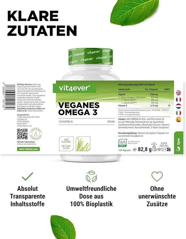Detalle de vit4ever Omega 3 Vegan (Algenöl) – 120 Softgel Kapseln mit 450 mg DHA & 225 mg EPA