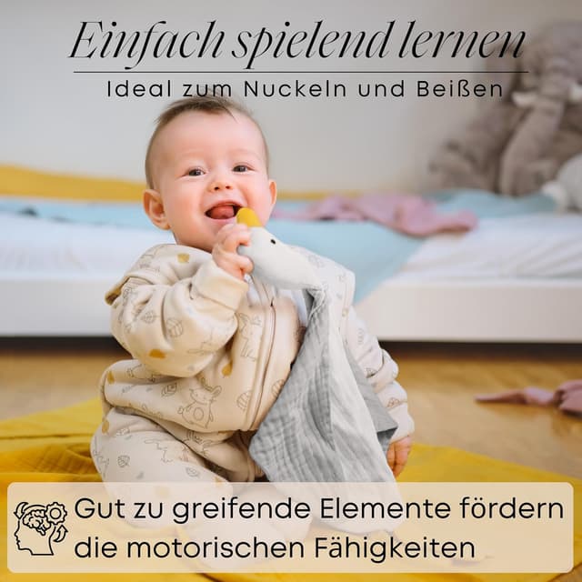 Detalle de Mababu Schmusetuch Baby Musselin – Ente aus Bio-Baumwolle (4-lagig), Oeko-TEX®, waschbar – Schnuffeltuch zur Geburt