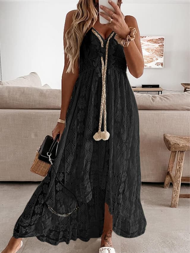 Detalle 2 de CUPSHE Damen Sommerkleid mit V-Ausschnitt, Floral-Spitze und Quasten (Spaghetti-Träger)