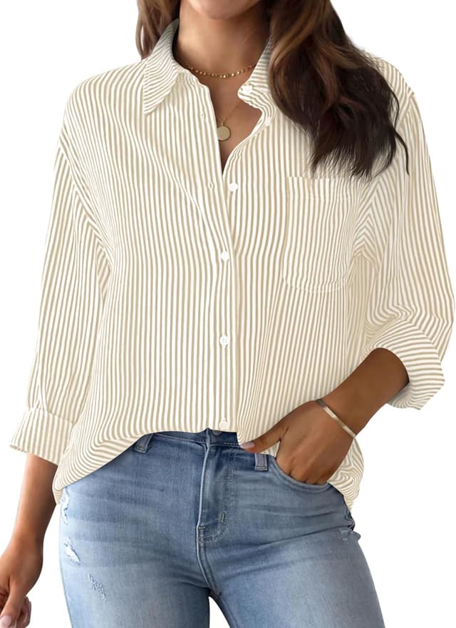 Detalle 2 de AISEW Women’s Striped Button-Down Shirt with Chest Pocket (Long Sleeve, Collared Office Blouse)