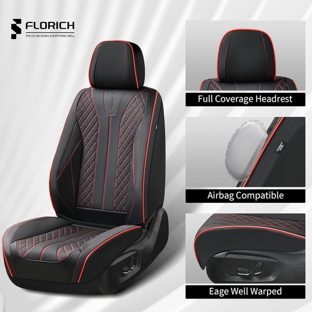 Detalle de FLORICH Leather Seat Covers (Front & Rear) for 5 Seats — Universal Fit, Waterproof Faux Leather, Black & Red Line