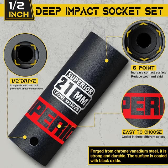 Detalle de KIRXST Schlagschrauber Nüsse-Set 1/2 Zoll (10–24 mm) inkl. 1/2 auf 1/4 Adapter, Langnüsse 11-tlg