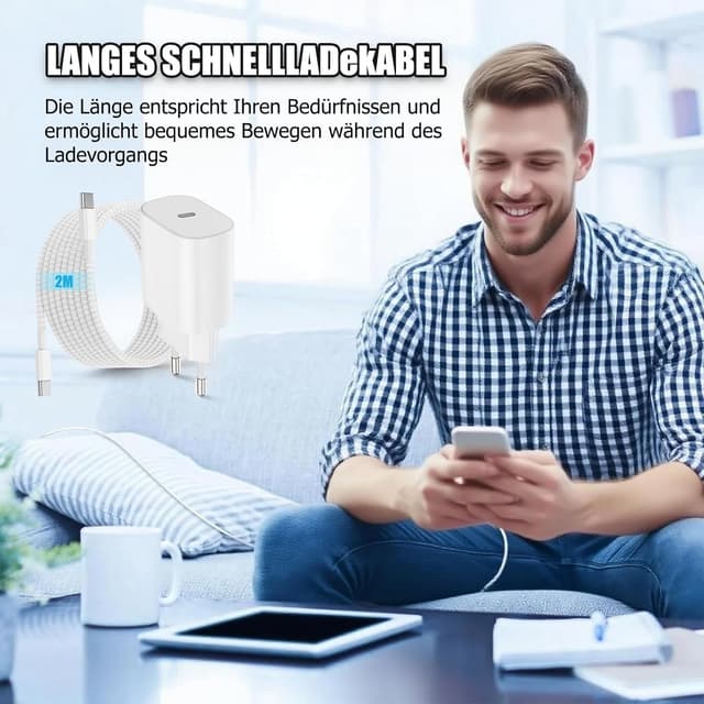 Detalle de Chargeur rapide USB‑C 25W pour iPhone 17/16/15 et iPad (avec câble USB‑C 2 m) – Chargeur mural PD