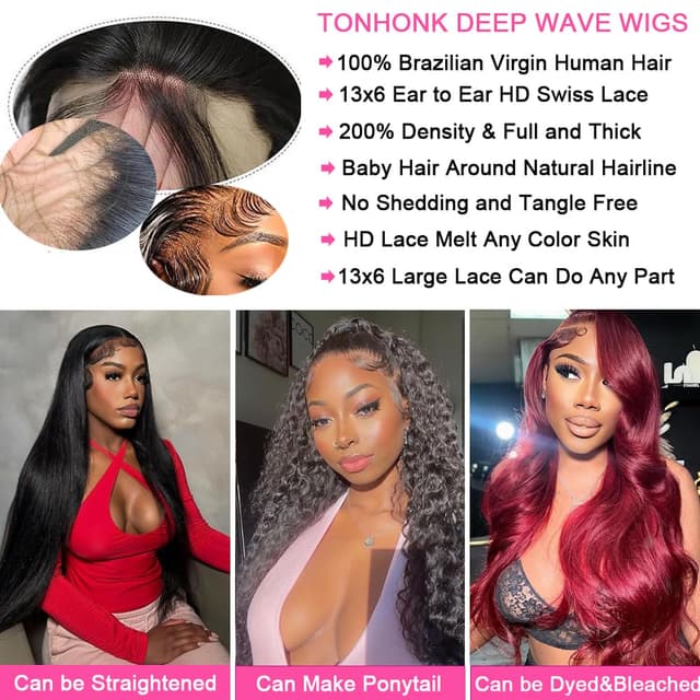 Detalle 1 de TONHONK 30-Inch Deep Wave Lace Front Wig (13x6 HD Lace, 200% Density, Human Hair, Glueless)