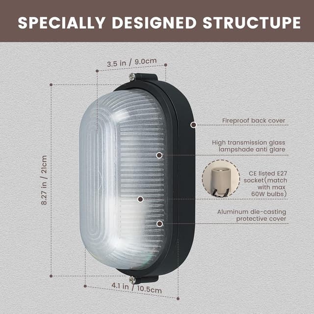 Detalle de MULANDI Nautical Bulkhead Light outdoor marine flush mount with frosted glass lens (E27)