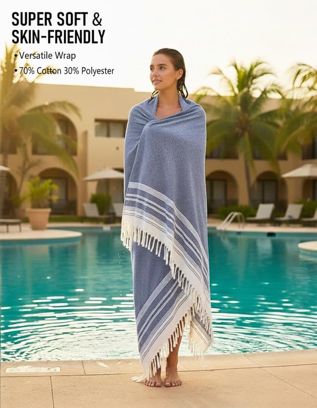 Detalle de Yongoes Oversized Turkish Beach Towel Blanket (82 x 88 in) Cotton-Poly Blend Sandproof Throw for Adults