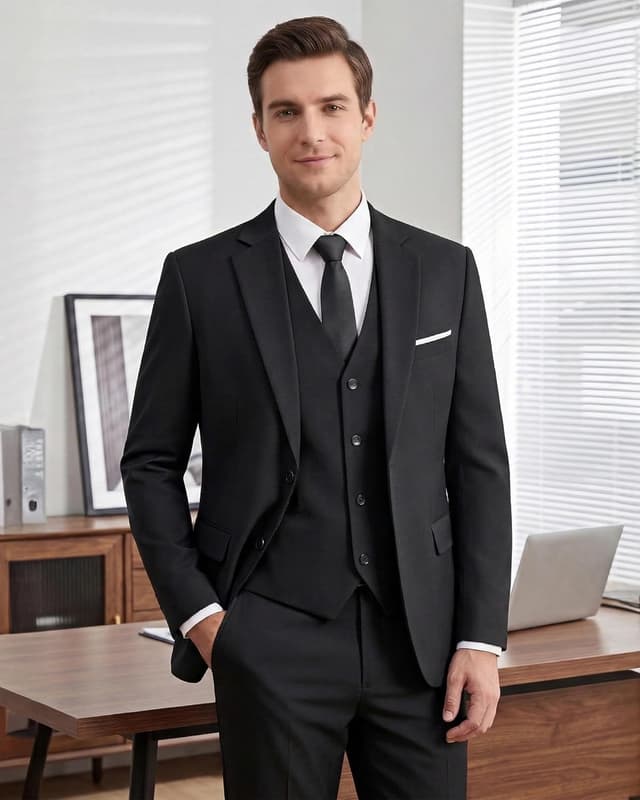 Detalle de WULFUL Men’s Slim Fit 3-Piece Suit Set (Two-Button Blazer, Vest & Pants)