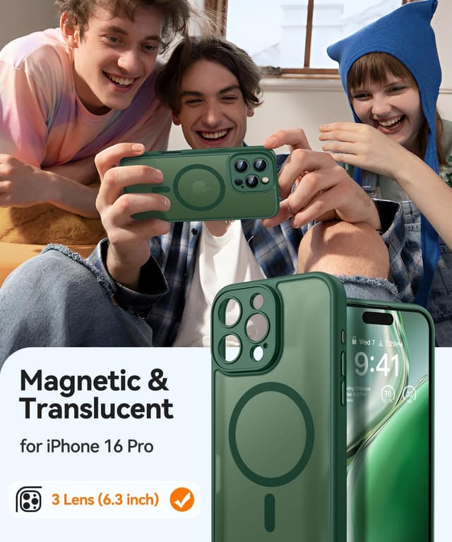Detalle de CANSHN Magnetic for iPhone 16 Pro Case (6.3-inch) with full camera protection, MagSafe-compatible, deep green