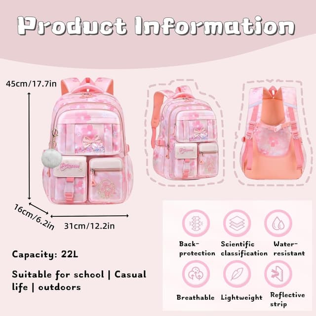 Detalle de Bansusu Kawaii Girls Backpack for Kids (31 x 16 x 45cm) with chest strap, multi-pocket 22L capacity