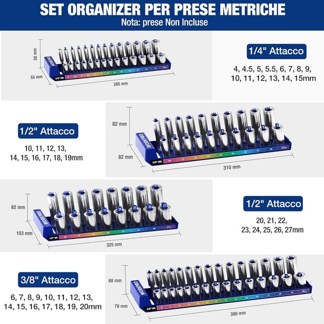 Detalle de WORKPRO Porta Bussole per prese metriche fino a 94 pezzi (1/4, 3/8, 1/2) con vassoio portaprese e fori