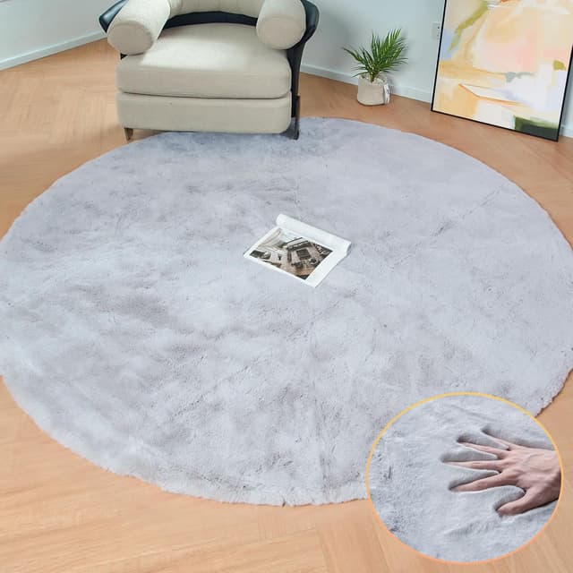 Detalle de ORINOVA Washable Furry 5ft Round Faux Rabbit Fur Area Rug (Light Grey)