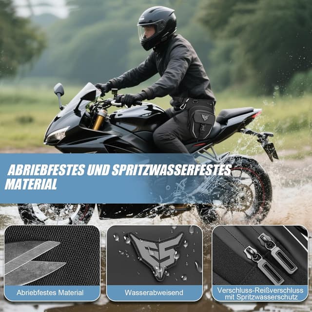 Detalle de Eshow Beintasche Motorrad – erweiterbare Oberschenkeltasche mit verstellbarem Beinriemen, 2 Karabinern und Reflexstreifen