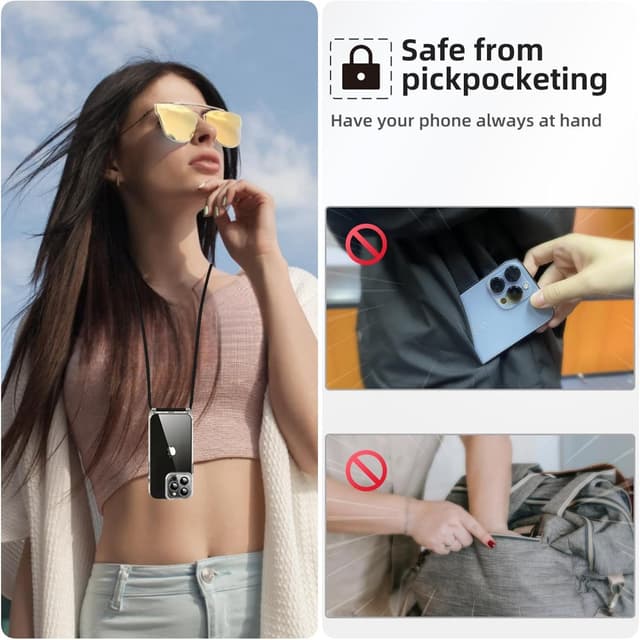 Detalle de Cover OLEPHY per iPhone 16 Pro con cordino regolabile e protezione antiurto/antigraffio, grigio