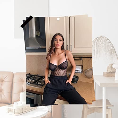 Detalle de ROSVAY body transparente sexy de encaje con cuello en V y correas ajustables (lencería tipo babydoll) en negro, talla única