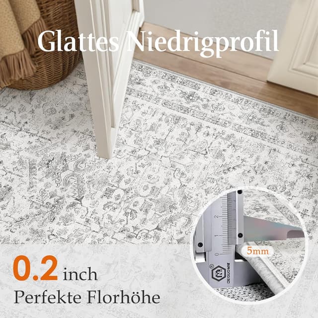 Detalle de PureCozy Vintage grauer Teppich für Wohnzimmer, Schlafzimmer & Büro (160 x 230 cm) – kurzflor, waschbar, rutschfest