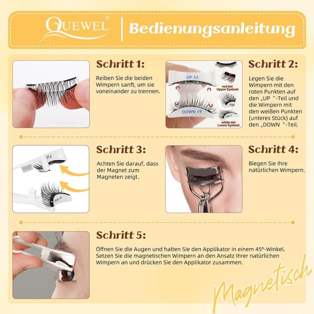 Detalle de QUEWEL magnetische Wimpern für den natürlichen Look – tragbare Magnet-Wimpern mit Applikator (Set)