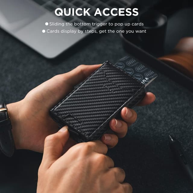 Detalle de VULKIT leather credit card holder with money clip and RFID blocking, magnetic closure