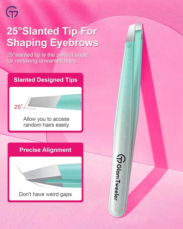 Detalle de GlamTweeler Expert Slant Tip Tweezers with Leather Case (Sparkle Mint Green & Silver)
