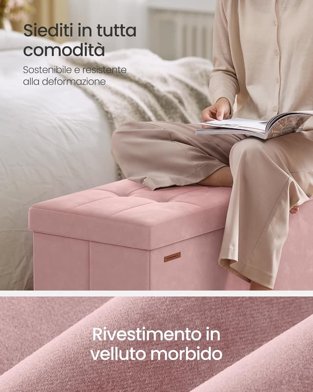 Thumbnail 3 de SONGMICS Pouf Contenitore LSF0518R02, cassapanca pieghevole in velluto rosa pastello (38 x 110 x 40 cm, 112 L)