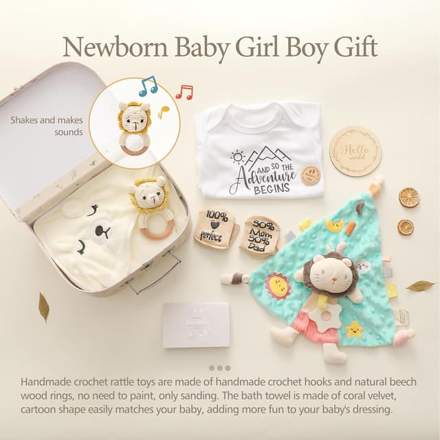 Detalle de Promise Babe Baby Geschenk Set zur Geburt (Junge/Mädchen) – Badetuch, Babydecke, Strampler, Socken, Holzgreifling & Rassel