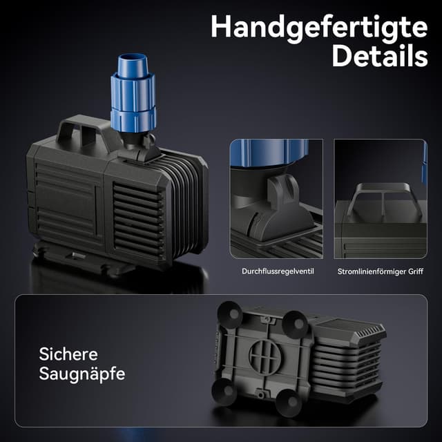 Detalle de Lnicez Tauchpumpe 4800 l/h (max) 85 W für Teich, Aquarium & Bachlauf – amphibisch mit 2 Düsen