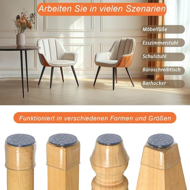 Detalle de 32er Stuhlbeinkappen mit Filz und transparentem Silikon – passend für Stuhlbeine (23–32,9 mm rund)