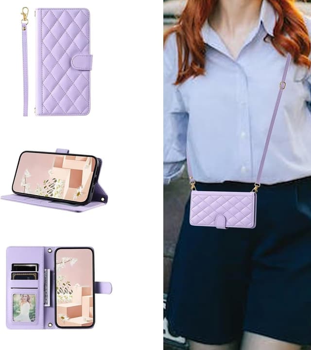 Detalle de ESONG Handykette Schutzhülle für Samsung Galaxy S24 FE – Leder-Brieftasche mit Kartenfach, Ständer und Magnetverschluss (lila)