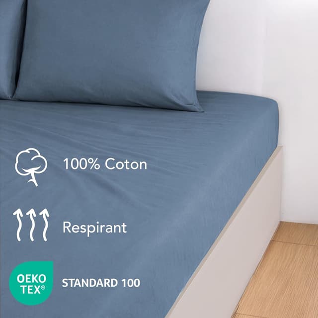 Detalle de Dreamzie Drap housse 160 x 200 en coton jersey extensible avec bonnet 30 cm (Oeko-Tex) – Bleu