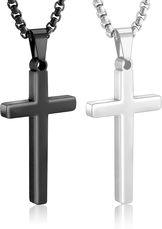 Detalle de Esrael 2-Pack 316L Stainless Steel Cross Chain Necklaces (Silver & Black)