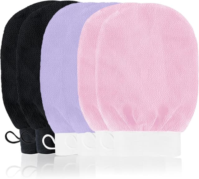 Detalle de URAQT Set di 6 guanti esfolianti da doccia in fibra sintetica (nero, rosa, viola)