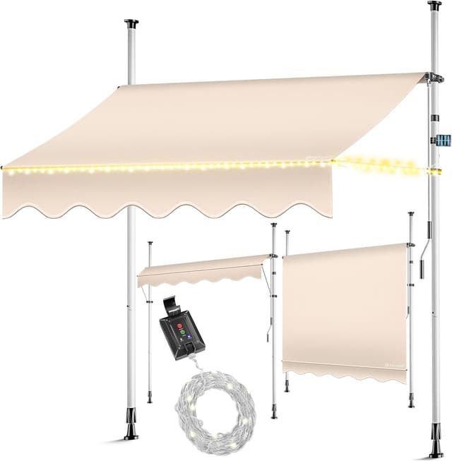 Detalle de KESSER® Klemmmarkise mit Handkurbel & LED-Lichterkette (ohne Bohren) für Balkon, Terrasse & Garten – höhenverstellbar, UV-beständig, wasserabweisend