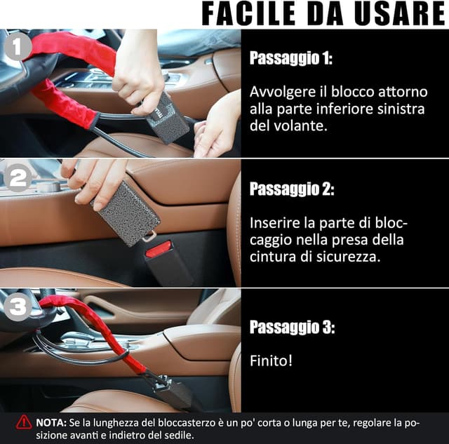 Detalle 2 de Tevlaphee Bloccasterzo per auto con testa in metallo, antifurto visibile e 3 chiavi (rosso)